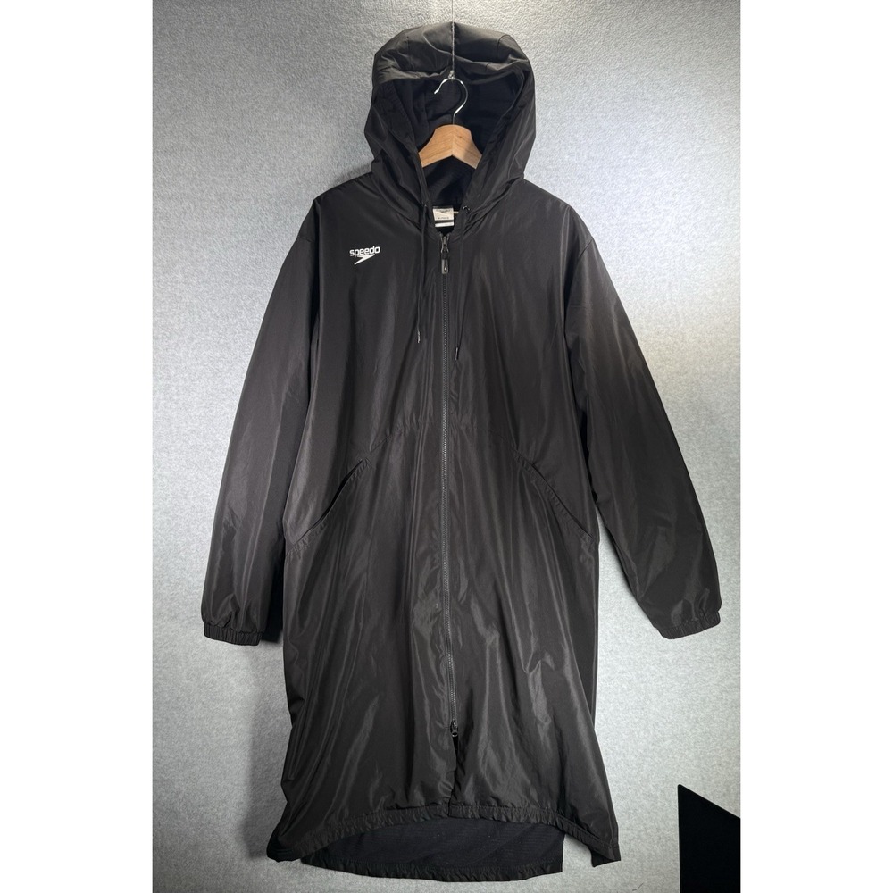 Speedo Parka Black Fleece Lined Hooded Swim Coat Long Two Way Zip Size XL